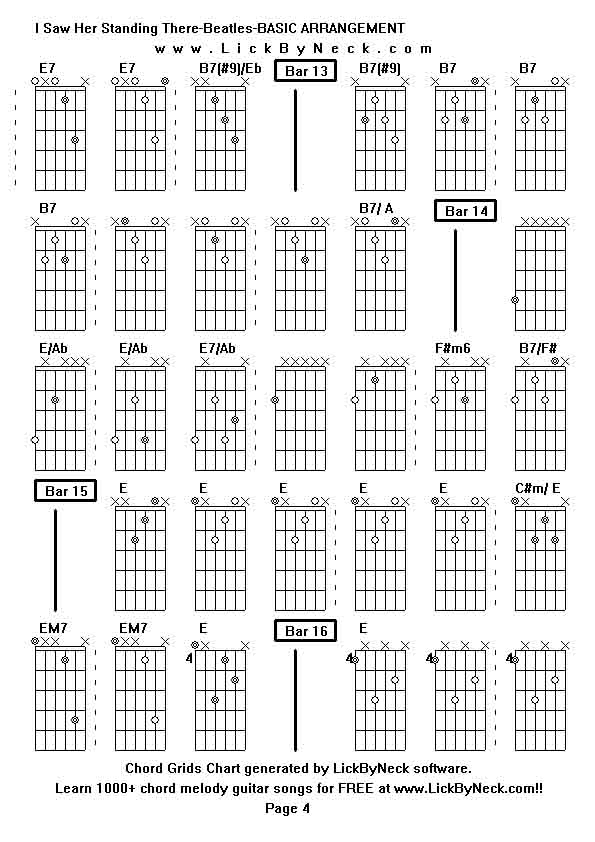 Chord Grids Chart of chord melody fingerstyle guitar song-I Saw Her Standing There-Beatles-BASIC ARRANGEMENT,generated by LickByNeck software.